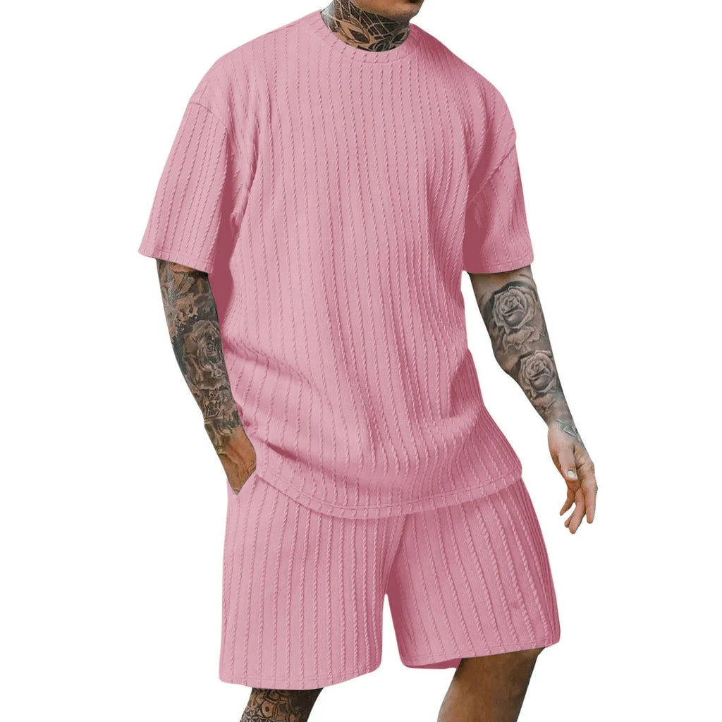 Men'S New Fashion Summer Sports Solid Color Crew-Neck Vertical Stripe T-Shirt Shorts Short-Sleeved Suit