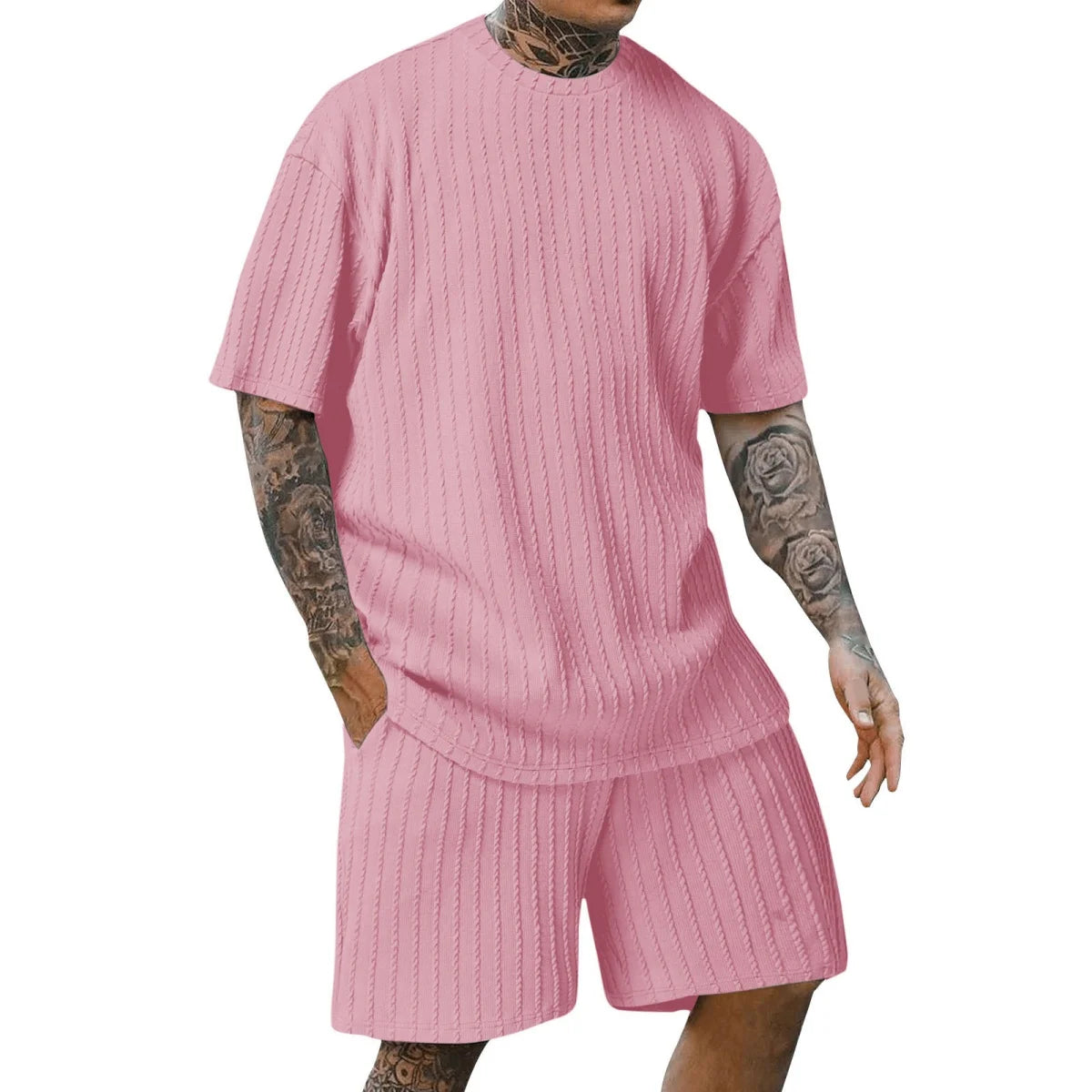 Men'S New Fashion Summer Sports Solid Color Crew-Neck Vertical Stripe T-Shirt Shorts Short-Sleeved Suit