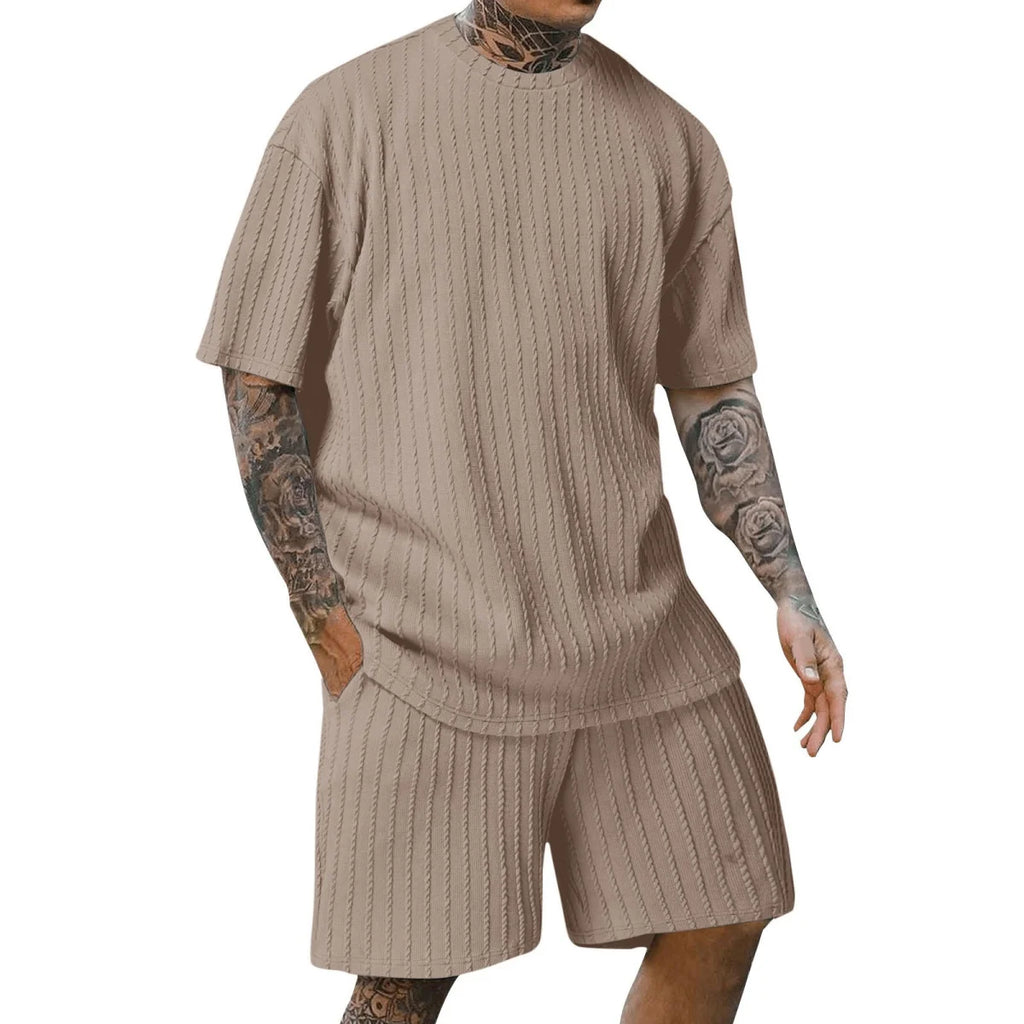 Men'S New Fashion Summer Sports Solid Color Crew-Neck Vertical Stripe T-Shirt Shorts Short-Sleeved Suit