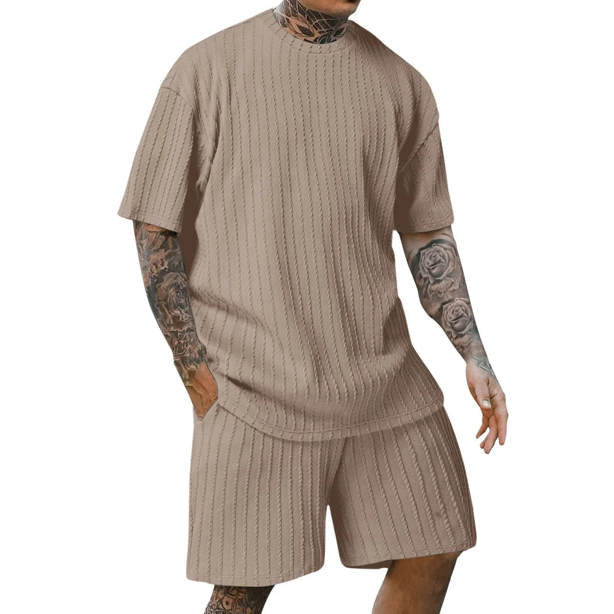 Men'S New Fashion Summer Sports Solid Color Crew-Neck Vertical Stripe T-Shirt Shorts Short-Sleeved Suit
