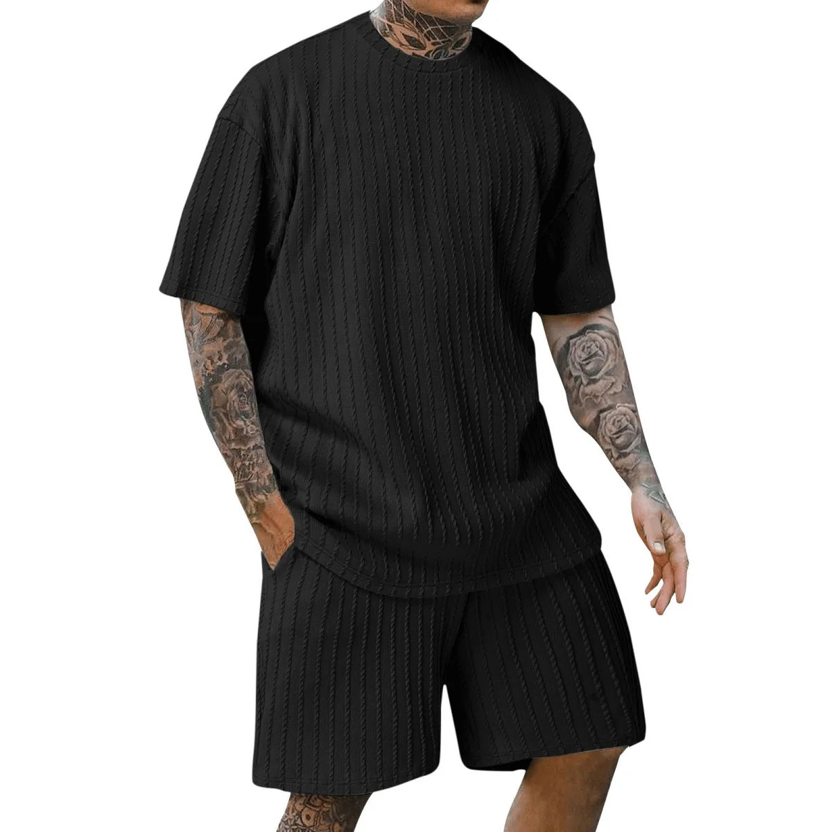 Men'S New Fashion Summer Sports Solid Color Crew-Neck Vertical Stripe T-Shirt Shorts Short-Sleeved Suit