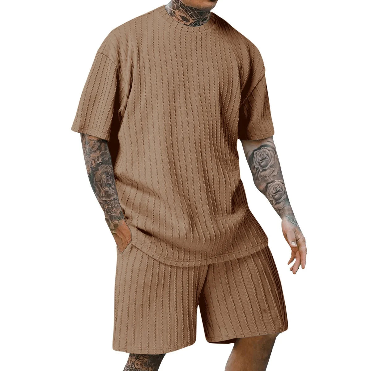 Men'S New Fashion Summer Sports Solid Color Crew-Neck Vertical Stripe T-Shirt Shorts Short-Sleeved Suit