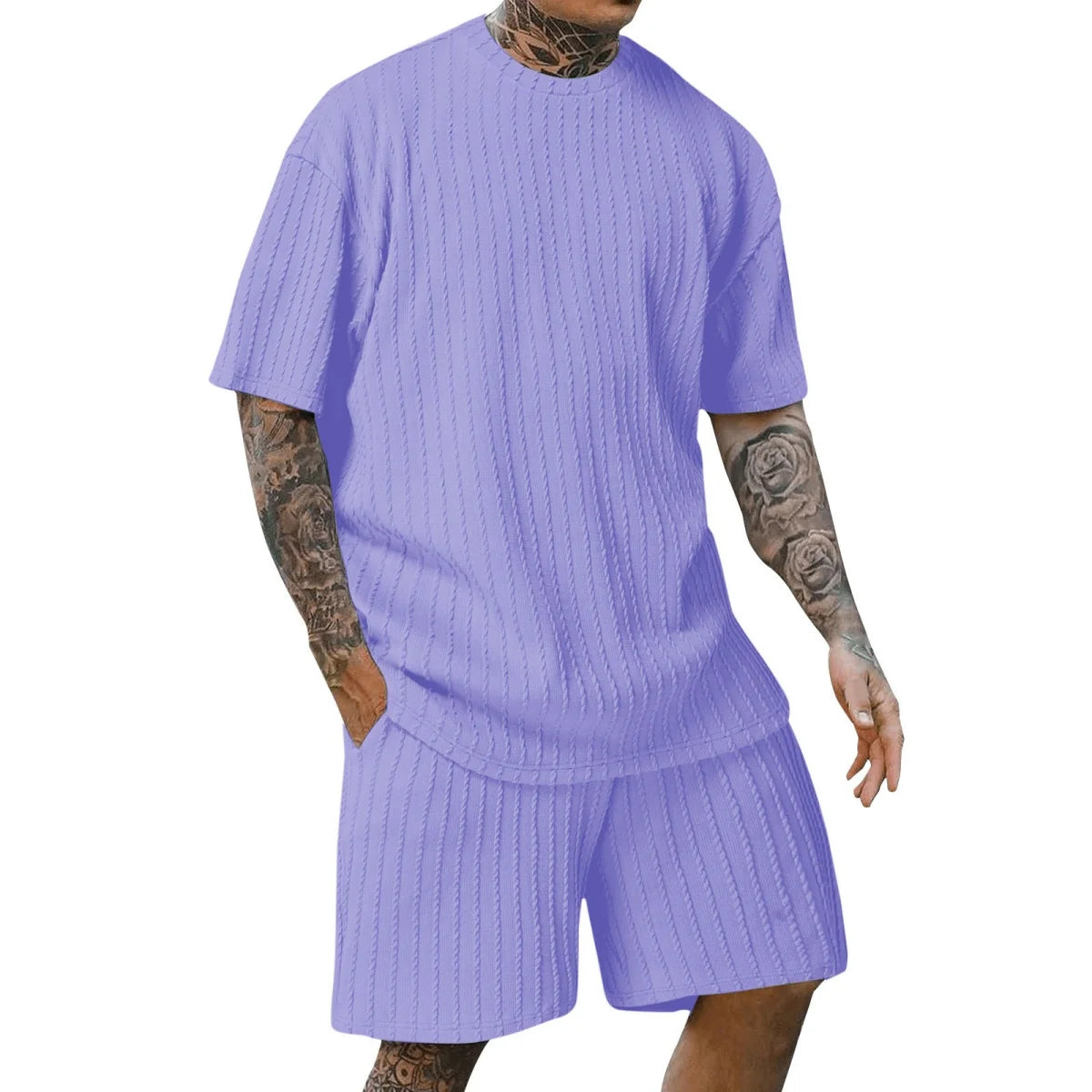 Men'S New Fashion Summer Sports Solid Color Crew-Neck Vertical Stripe T-Shirt Shorts Short-Sleeved Suit