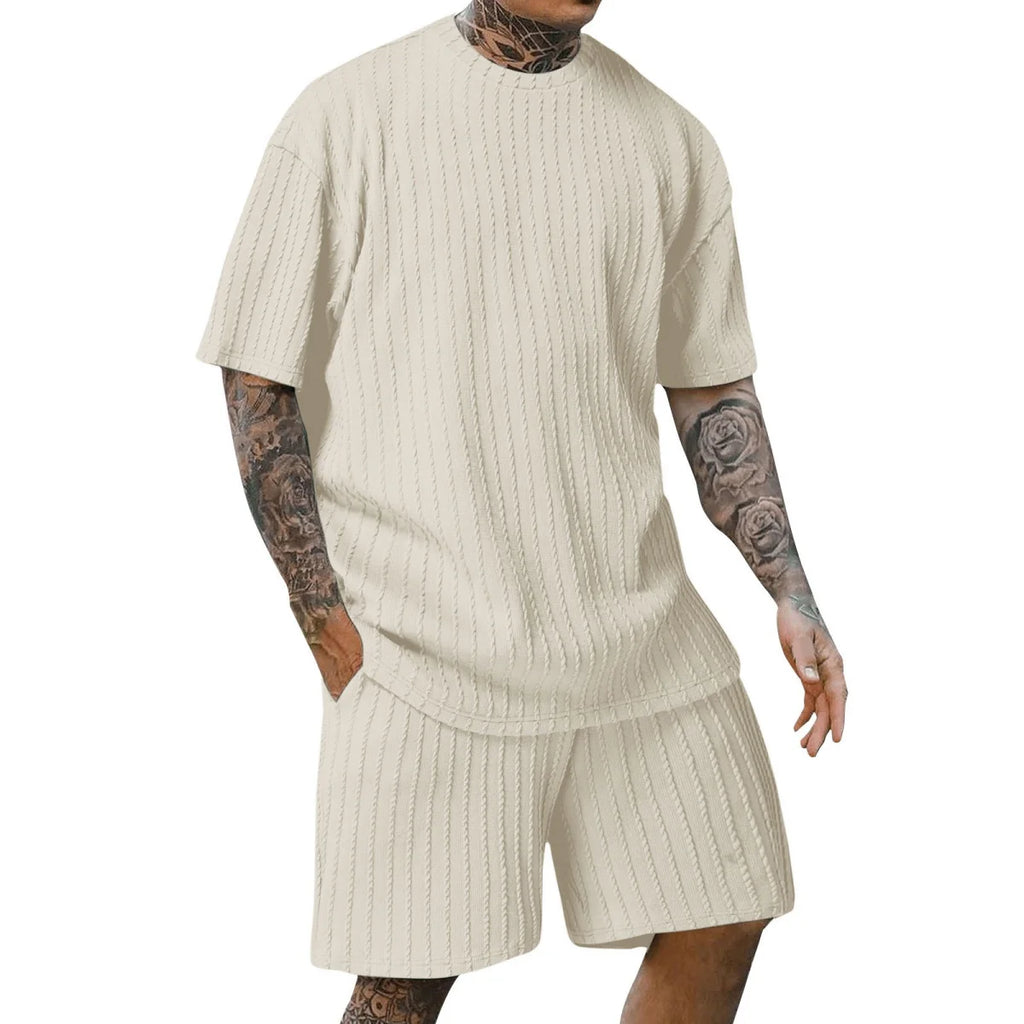 Men'S New Fashion Summer Sports Solid Color Crew-Neck Vertical Stripe T-Shirt Shorts Short-Sleeved Suit