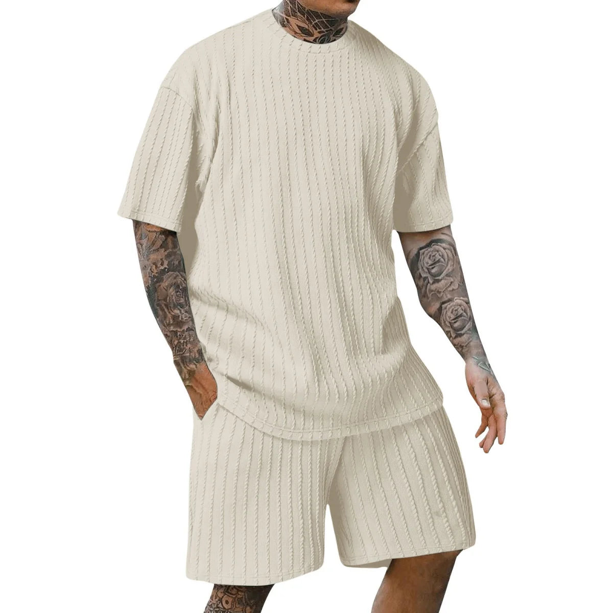 Men'S New Fashion Summer Sports Solid Color Crew-Neck Vertical Stripe T-Shirt Shorts Short-Sleeved Suit