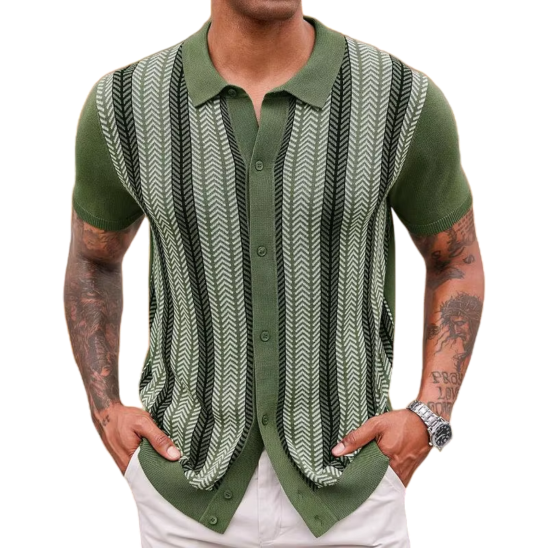 Espresso Stripes-Men’s Retro Knit Polo Shirt