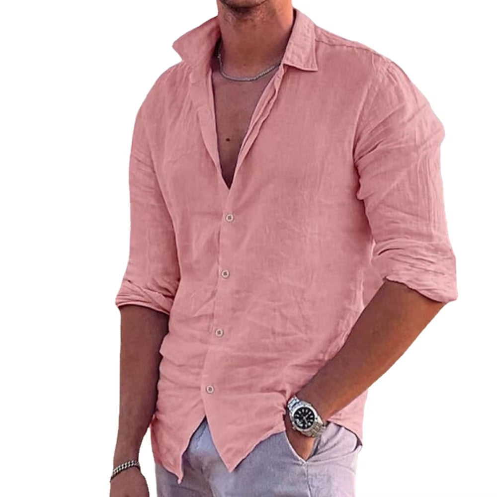 2024 New Men'S Shirt Cotton Linen Fashion Casual Polo Neck Beach Shirt Long Sleeve Solid Hawaiian Holiday Shirts