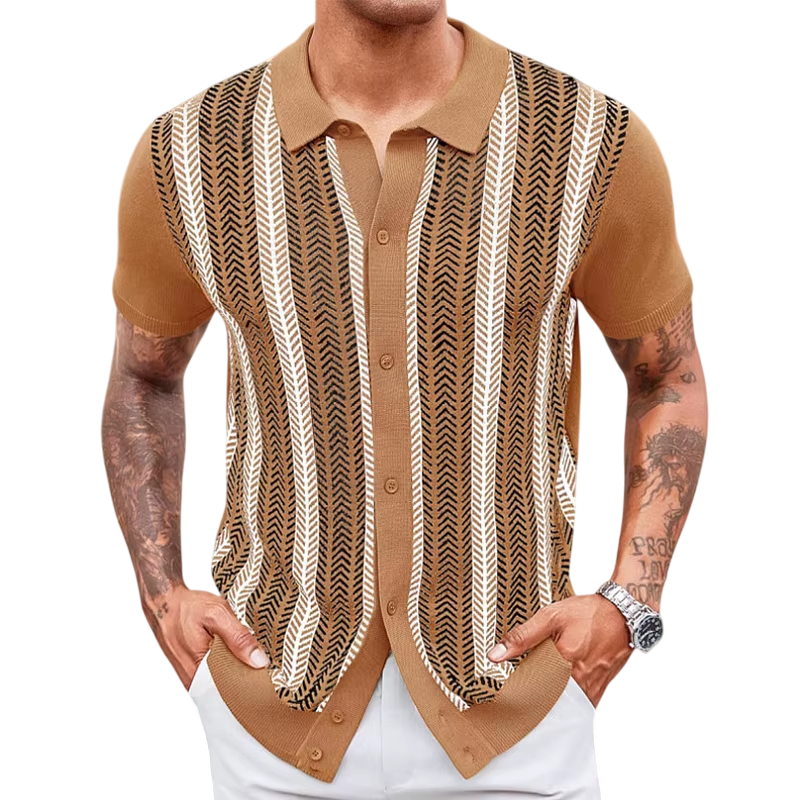 Espresso Stripes-Men’s Retro Knit Polo Shirt